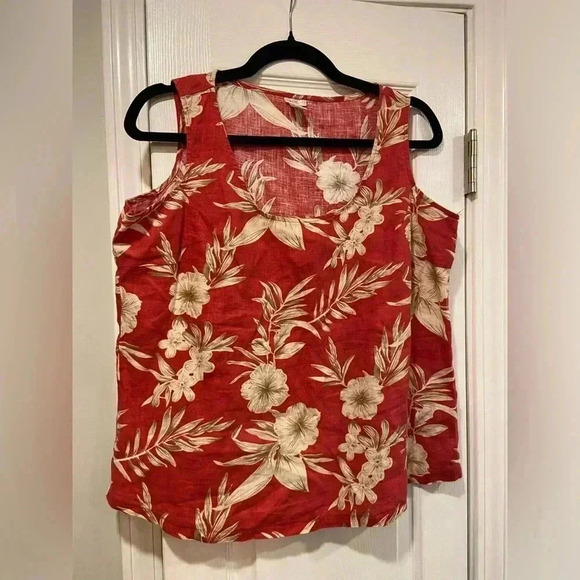 Kiko Tops - Kiko 100% Linen Pink Floral Round Neck Thick Strap Tank Top Hibiscus Size L